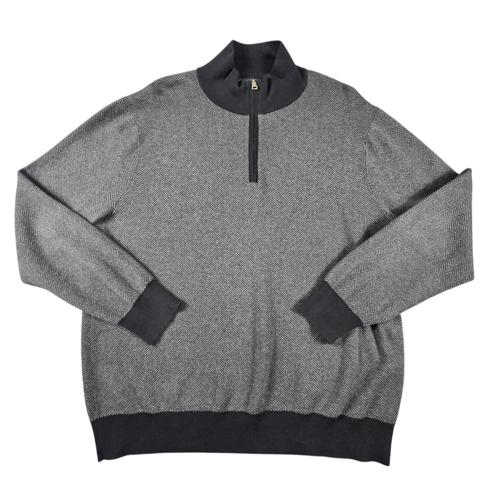 J.Crew Quarter Zip Sweater Mens Large Grey Black Herringbone 100% Cotton Knit